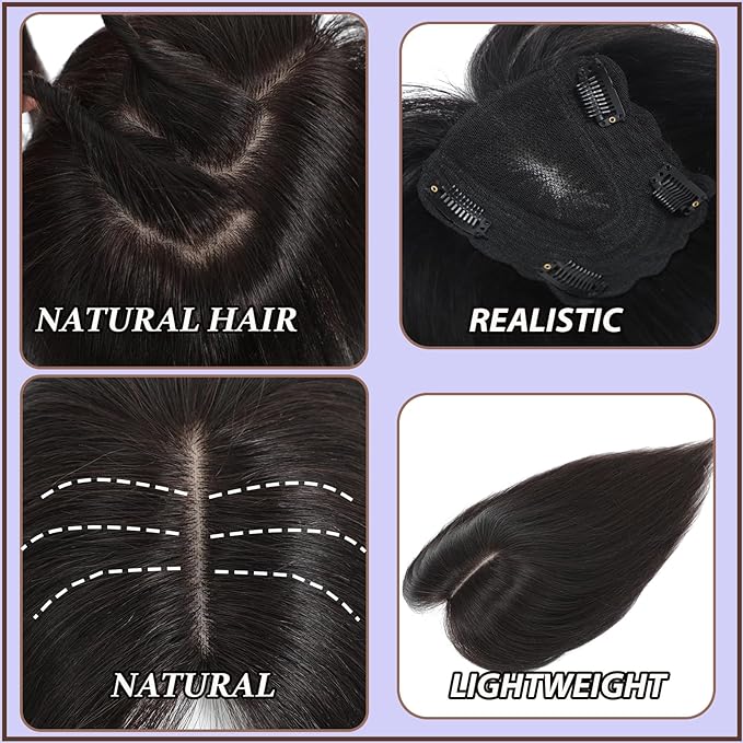 Hair Toppers for Women Real Human Hair, 360°3D Topper for Women with Thinning Crown Wispy Clip in Bangs Breathable Hand Tied Craft Big Coverage Hairpieces(Black（Big Coverage）, 12 Inch-3D-Wispy)