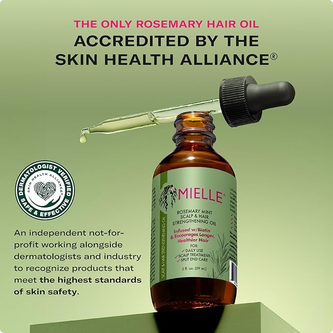 Mielle Organics Rosemary & Mint Hair Oil - Strengthening Biotin Oil Infused Frizzy & Damaged Hair Care - Split Ends & Dry Scalp Treatment to Support Longer, Healthier Strands, 2oz
