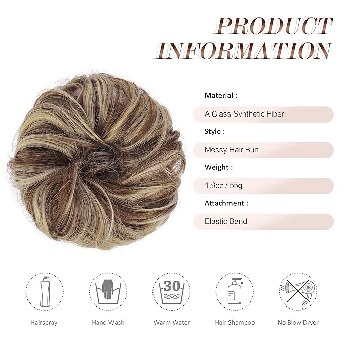 FESHFEN Messy Bun Hair Piece - Large Elastic Wavy Curly Hair Bun Scrunchies Ponytail Extensions Synthetic Chignon Hairpieces for Women, Copper Brown & Beige Blonde 1.94oz