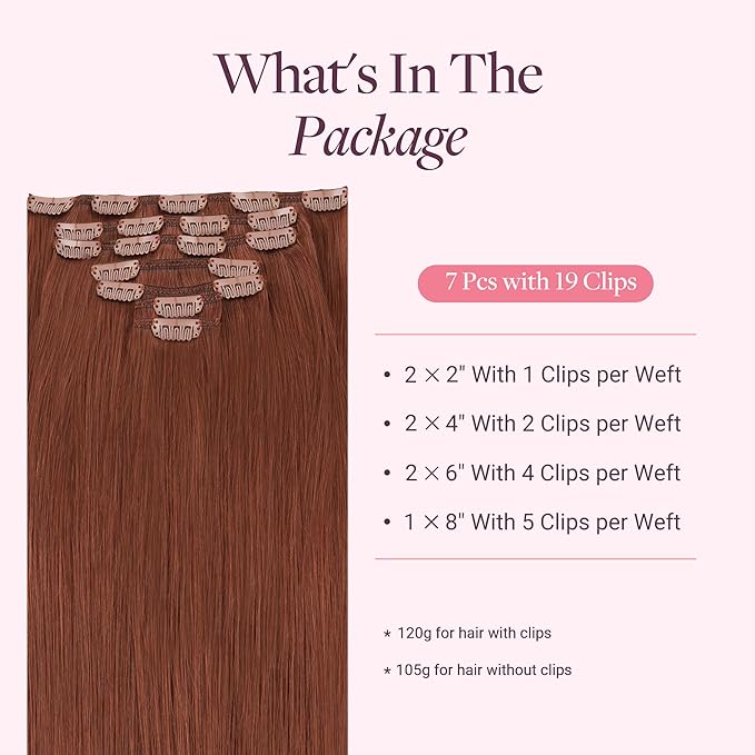 GOO GOO Clip in Hair Extensions Real Human Hair, Remy Human Hair Extensions Clip ins for Women, Natural Human Hair, 14inch 120g 7 Pcs, #33B Dark Auburn Copper