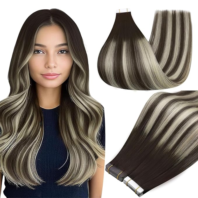 Full Shine Balayage Hair Extensions Real Human Hair Tape ins Color 2 Brown Ombre 60 Blonde Highlight 2 Brown 16Inch Double Sided Tape Extensions Remy 50Gram Seamless Skin Weft 20Pcs for Wedding
