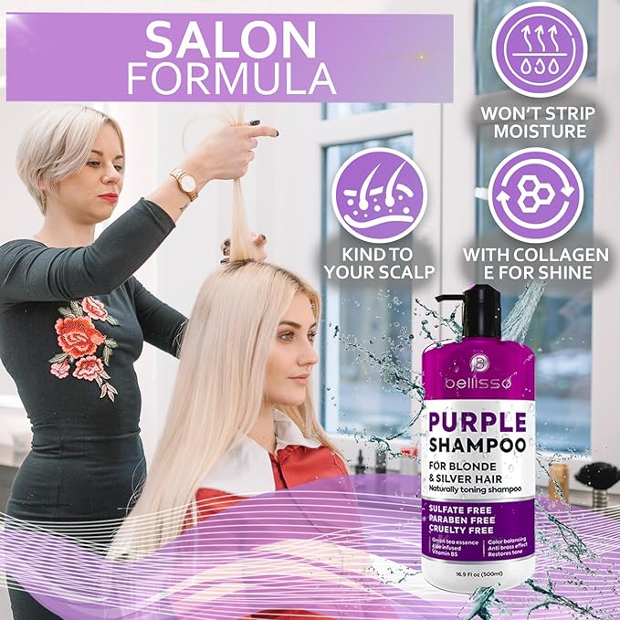 Purple Shampoo - Toner for Blonde Hair - Sulfate and Paraben Free - More Balanced Color Treated, Bleached, Silver, White and Gray Hair - No More Orange, Straw Yellow and Brassy Tones - Women and Men
