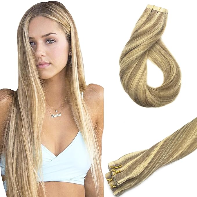 GOO GOO Tape in Hair Extensions Human Hair, 16/22 Light Blonde Highlighted Golden Blonde, 14inch 50g 20pcs, Skin Weft Seamless Invisible, Silky Straight with Thick Ends, Remy Human Hair