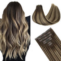 GOO GOO Clip in Hair Extensions Real Human Hair, Remy Human Hair Extensions Clip ins for Women, Natural Human Hair, 22inch 150g 7Pcs, 4/26/4 Balayage Chocolate Brown to Honey Blonde