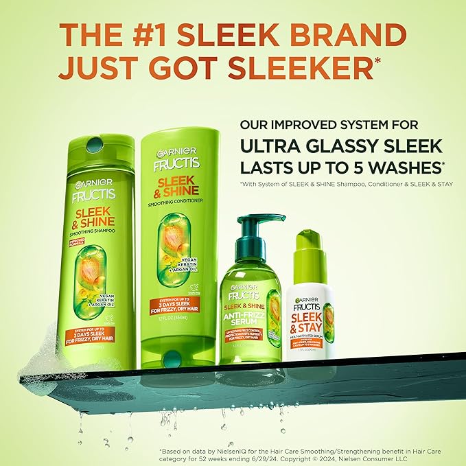 Garnier Fructis Sleek & Shine Shampoo, Conditioner + Leave-In Conditioner Set for Frizzy, Dry Hair, Plant Keratin + Argan Oil (3 Items), 1 Kit (Packaging May Vary)