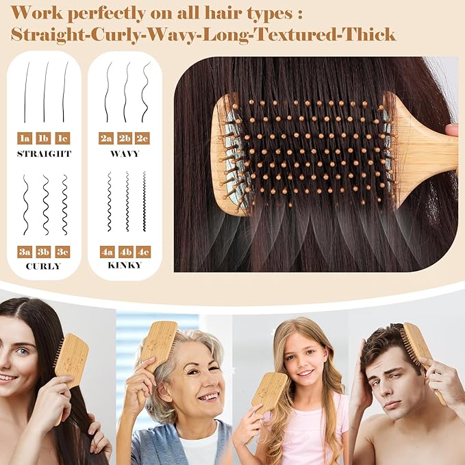 Bamboo Wooden Paddle Hair Brush-Bamboo Wood Bristles Detangling Hairbrush for Women Men Massaging Scalp Hair Growth