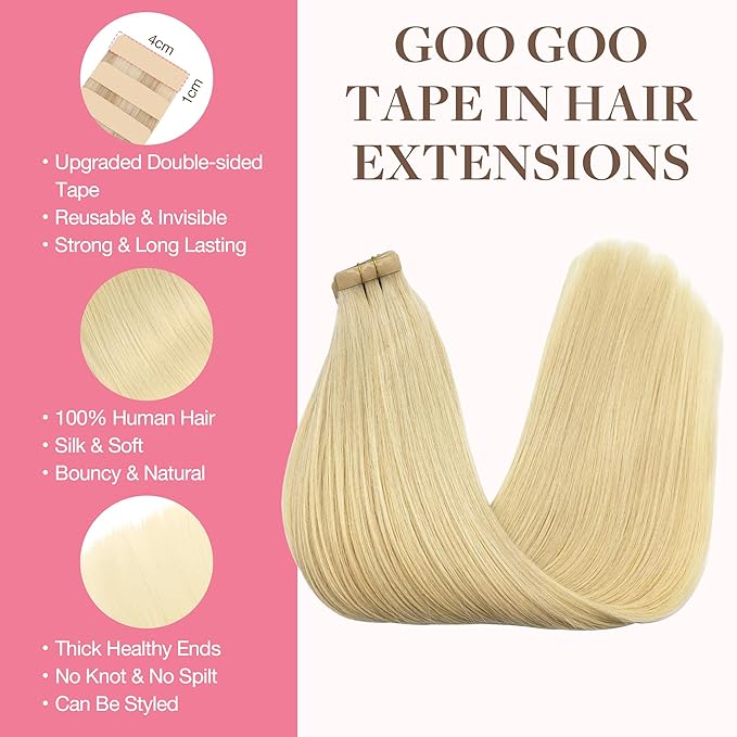 GOO GOO Tape in Hair Extensions Human Hair, 613R Bleach Blonde, 10inch 60g 40pcs, Skin Weft Seamless Invisible, Silky Straight with Thick Ends, Remy Human Hair
