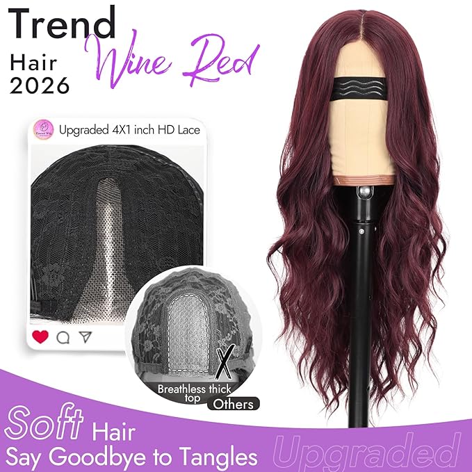 Wine Red Wig for Women Long Wavy 4x1 Lace Natural Hairline Glueless for Beginners Middle Part Synthetic for Daily Party Use 26Inch