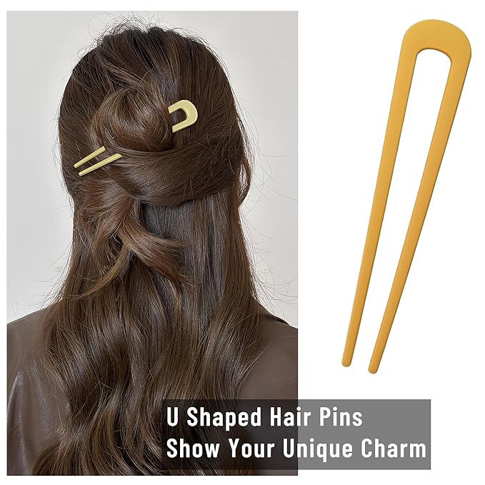 6Pcs Metal French Hair Pins for Women U Shape Sticks 3.9 Inch Vintage Fork for Hairstyle Accessories(Gold/Orange/Yellow)