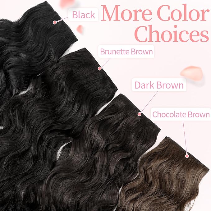 KooKaStyle Clip in Hair Extensions 4PCS Long Wavy Synthetic Dark Black Brown Fiber Double Weft Natural Thick Hairpieces 24Inch for Women