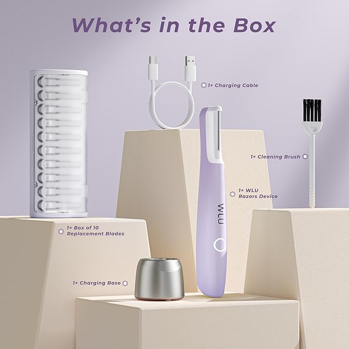 Dermaplane Razor for Women Face, WLU Rechargeable Face Dermaplaning Tool – Peach Fuzz, Facial Hair & Exfoliation Removal, Sonic Technology with LED Light, 3 Speeds & 10 Blades (Purple)