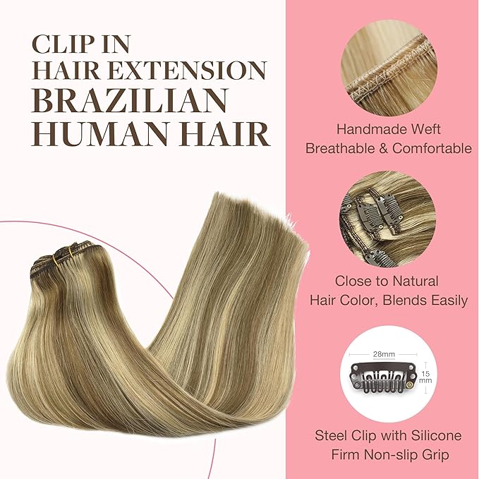 GOO GOO Clip in Hair Extensions Real Human Hair, Remy Human Hair Extensions Clip ins for Women, Natural Human Hair, 14inch 120g 7Pcs, 8A/22 Medium Brown Highlighted Golden Blonde