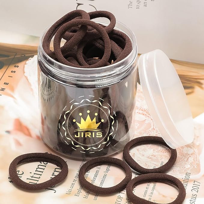50Pcs Brown Hair Ties for Women Girls,Cotton Seamless Hair Ties, Soft Ponytail Holders,No Crease No Damage Elastics Hair Bands with Box for Thick Heavy and Curly Hair (Brown)