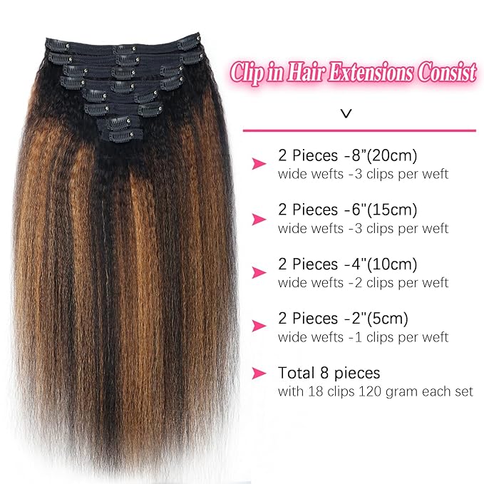 Kinky Straight Clip in Hair Extensions Real Human Hair For Women Highlight Hair Extensions Kinky Straight Clip ins (22inch,T1BP1B/30)