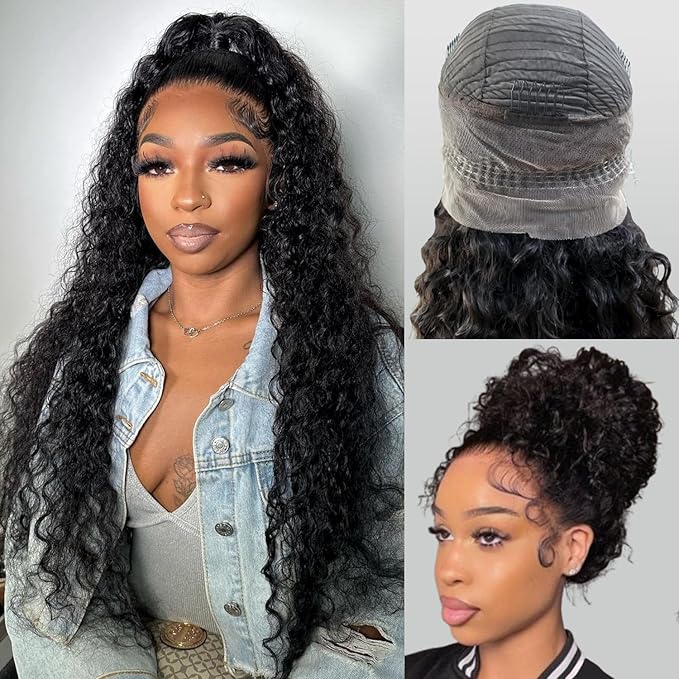 360 Glueless Wigs Human Hair 26 Inch Pre Plucked Hidden Strap Deep Wave Lace Front Human Hair Wigs With Drawstring 180 Density Wet and Wavy HD Full Lace Front Wigs Human Hair