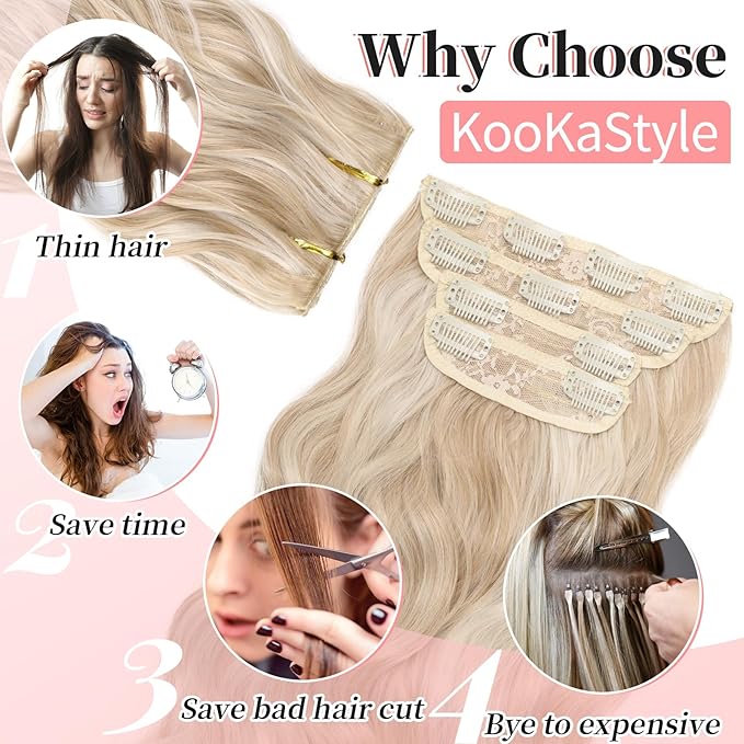 KooKaStyle Clip in Long Wavy Synthetic Hair Extension 20 Inch Pearl Blonde 4PCS Thick Hairpieces Fiber Double Weft Hair for Women