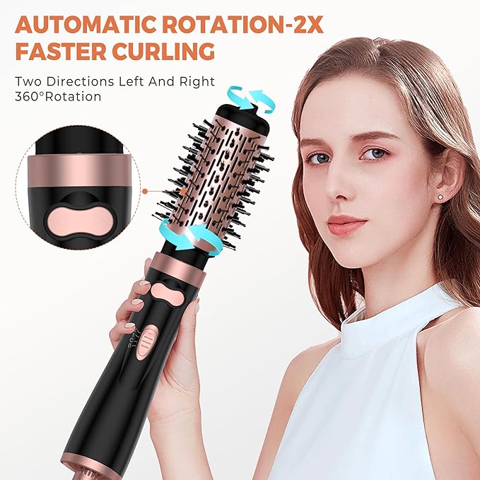 3 in 1 Rotating Hair Dryer Brush, Auto Rotating Blow Dryer Brush Spinning with 2 Brushes (2" & 1.5"), Negative Ionic Brush Blow Dryer, Round Brush Blow Dryer Volumize Curling 100-120V