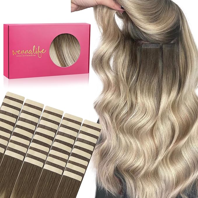 WENNALIFE Tape in Hair Extensions Human Hair, 40pcs 100g 14 inch Ombre Sandy Brown to Platinum Blonde Hair Extensions Real Human Hair Straight Tape in Extensions Invisible Human Hair Extensions