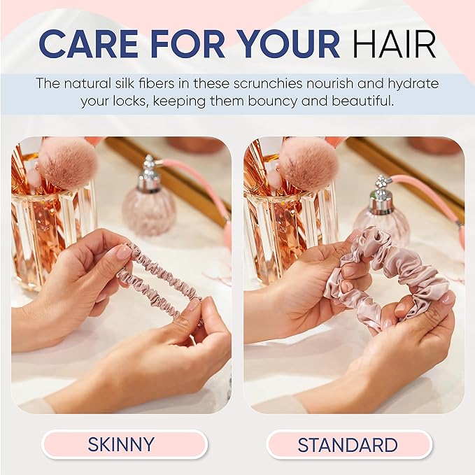 Blissy Silk Scrunchies (3 Pack) - 100% Pure Mulberry Silk - 22 Momme 6A High-Grade Fibers Scrunchie for Straight & Curly Hair - Preventing Breakage, Tangling, & Creasing (Pink Skinny)