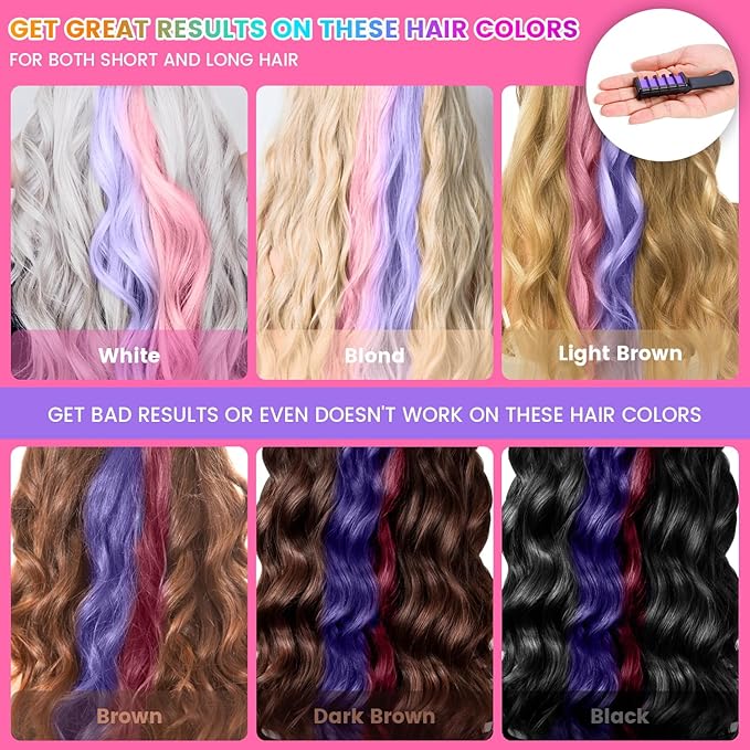 Hair Chalk for Kids - Temporary Bright Hair Color Comb, Washable Dye for New Year, Birthday, Cosplay, Halloween, Christmas