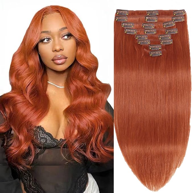 Hair Extensions Real Human Hair Copper Hair Extensions Clip Ins 110g 16inch 8pcs Colorful Soft Silky Clip in Extensions Natural & Soft Long Hair Clip Ins for Women, Can Be Styled Real Human Hair