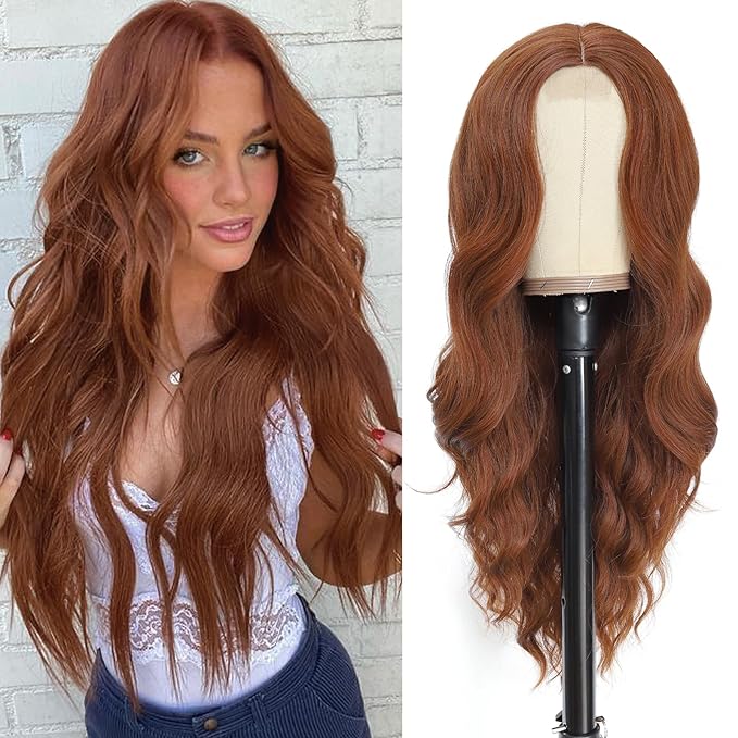 NAYOO Long Auburn Wavy Wig for Women 26 Inch Middle Part Curly Wavy Wig Natural Looking Synthetic Heat Resistant Fiber for Daily Party Use(26Inch Auburn)