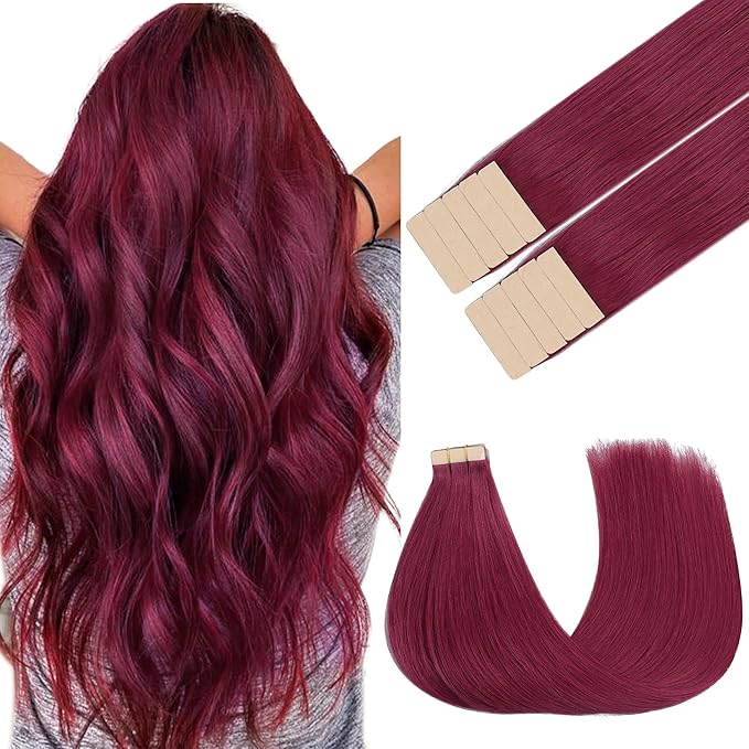 GOO GOO Tape in Hair Extensions Human Hair, Burgundy Red, 14inch 25g 10pcs, Colored Tape ins Human Hair Extensions, Silky&Soft Invisible Tape Ins, Hair Highlighted for Party