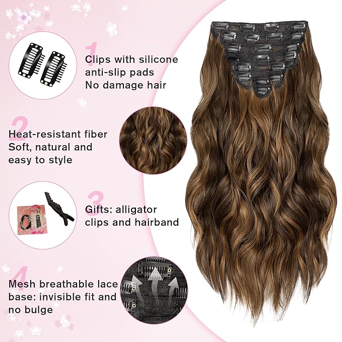 Hair Extensions Clip Ins, 8PCS 20 Inch Wavy Dark Brown Mix Light Brown Clip in Hair Extensions, Synthetic Lace Weft Hairpieces for Women Daily Party Use
