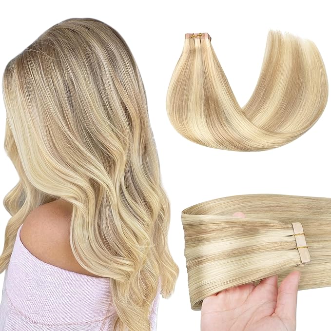 GOO GOO Tape in Hair Extensions Human Hair, 18A/613A Dark Blonde Highlighted Bleach Blonde, 22inch 50g 20pcs, Skin Weft Seamless Invisible, Silky Straight with Thick Ends, Remy Human Hair