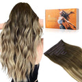 DOORES Hair Extensions Seamless Clip in Human Hair, Walnut Brown to Ash Brown and Bleach Blonde 110g 7pcs 16 Inch, Invisi Edge Hair Extensions Real Human Hair Clip in Remy Straight Hair
