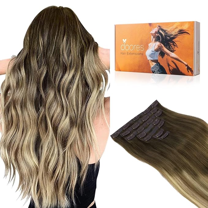 DOORES Hair Extensions Seamless Clip in Human Hair, Walnut Brown to Ash Brown and Bleach Blonde 110g 7pcs 16 Inch, Invisi Edge Hair Extensions Real Human Hair Clip in Remy Straight Hair