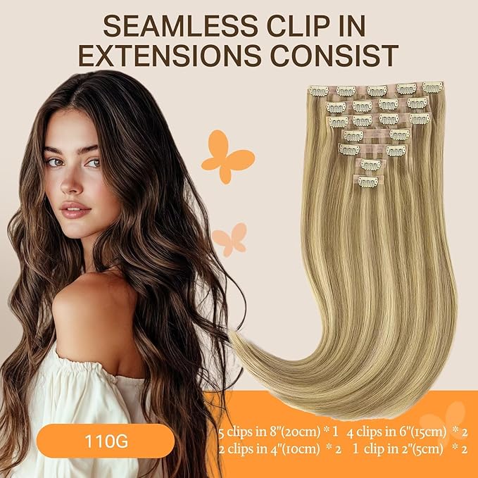 DOORES Human Hair Clip in Extensions, Light Blonde Highlighted Golden Blonde 22 Inch 110g 7pcs, Seamless Clip in Hair Extensions Real Human Hair Remy Straight Skin Weft Invisi Edge Hair Extensions