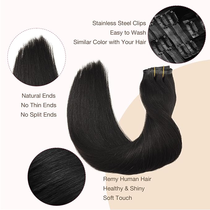 GOO GOO Clip in Hair Extensions Real Human Hair, Remy Human Hair Extensions Clip ins for Women, Natural Human Hair, 22inch 110g 7Pcs, 1B Natural black