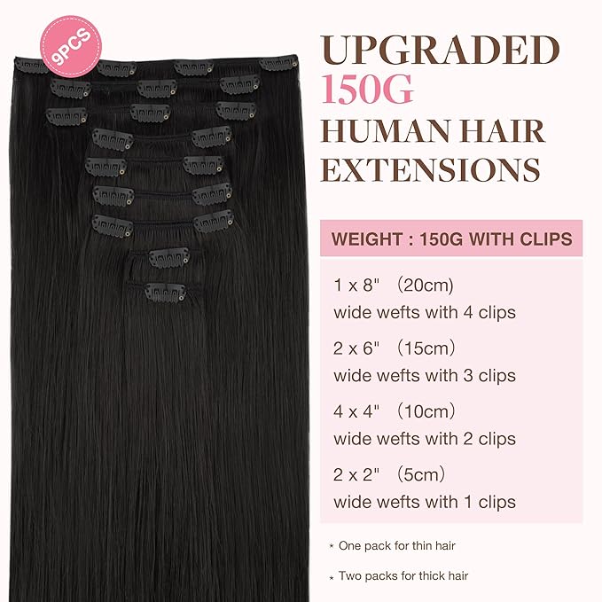 GOO GOO Clip in Hair Extensions Real Human Hair, Remy Human Hair Extensions Clip ins for Women, Natural Human Hair, 18inch 150g 9Pcs, 1B Natural black