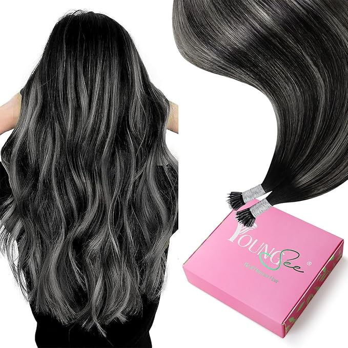 YoungSee Nano Ring Hair Extensions Black Ombre Nano Hair Extensions Real Human Hair Ombre Black to Silver Nano-Bead Hair Extension Human Hair Balayage Silver 1g/s 50g 20inch