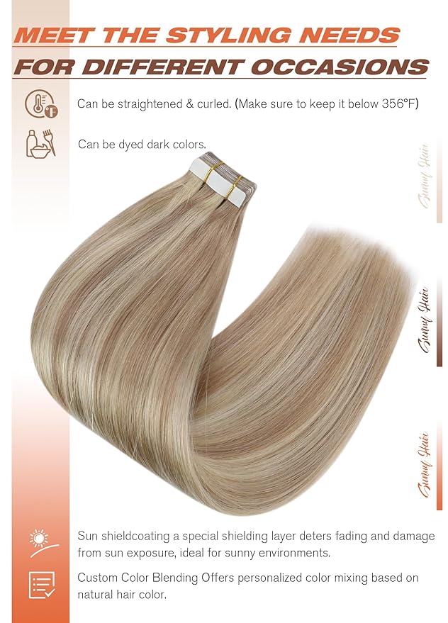 Sunny Hair Tape in Hair Extensions Real Human Hair Invisible Remy Hair Extensions Tape ins for Women Ash Blonde Highlight Bleach Blonde with Pink Hue 12 inch 40pcs 60g