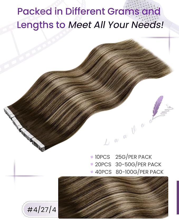 LaaVoo Human Hair Tape in Extensions Balayage Tape in Hair Extensions Human Hair Ombre Brown to Caramel Blonde with Brown 20 Inch 20pcs 50g
