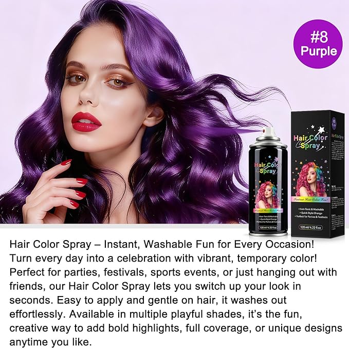 Temporary Hair Color Spray - Instant Washable Hair Dye for Kids & Adults, Non-Toxic & Non-Sticky Formula for Halloween, Cosplay, Parties & Festivals - Lasts All Day, Easy Wash Out -4.22oz (Purple)