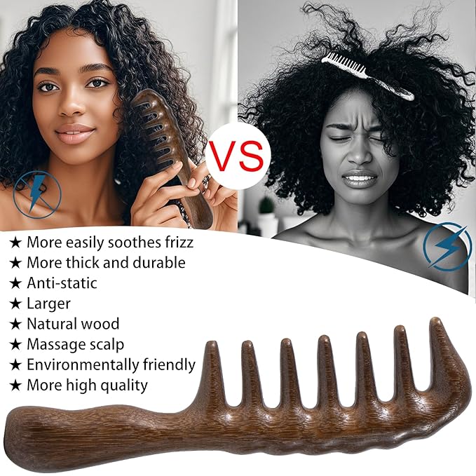 Wooden Wide Tooth Comb, Large Thicken Natural Sandalwood Hair Combs for Curls, Women and Men, Detangles Long Thick Wet or Dry Hair, Head Scalp Massager, Anti-static (Golden Sandalwood)