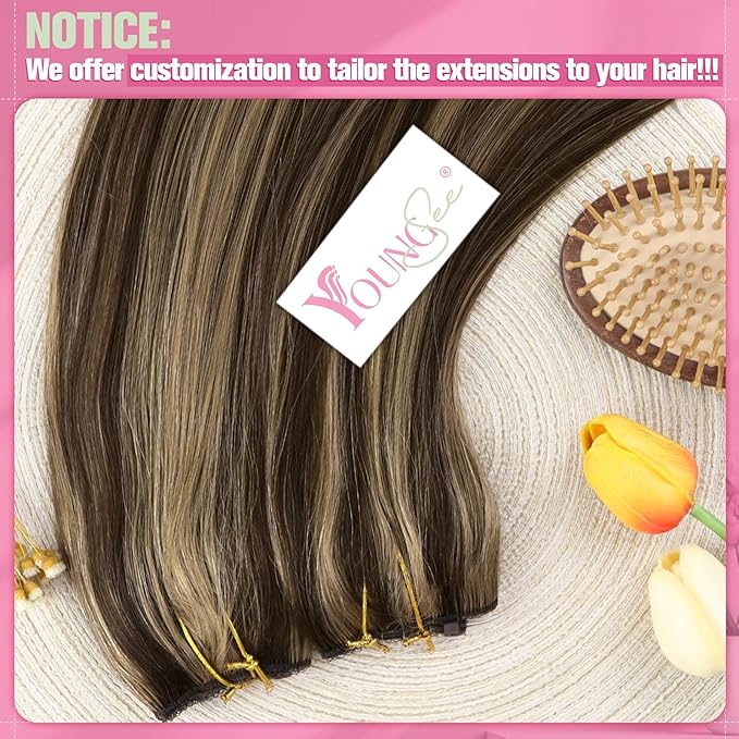 YoungSee 120G Wire Hair Extensions Highlight Invisible Wire Hair Extensions Real Human Hair Dark Brown Highlight Blonde Human Hair Headband Extensions Easy to Wear 18inch