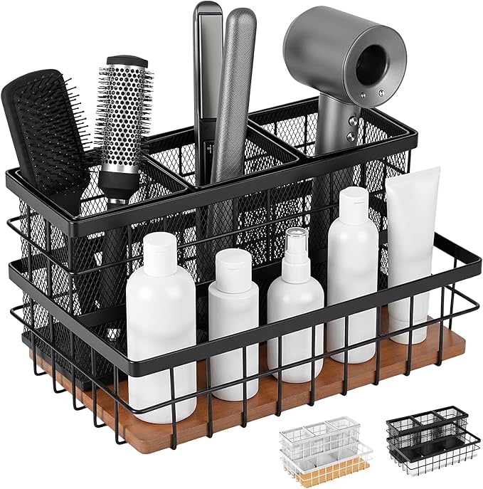 1 Pcs Hair Tool Organizer Countertop Breathable Metal & Bamboo Hot Tools Organizer Under Sink Bathroom Hair Dryer Holder Countertop Brush Comb Holder,makeup tray (Koa Wood,Black)