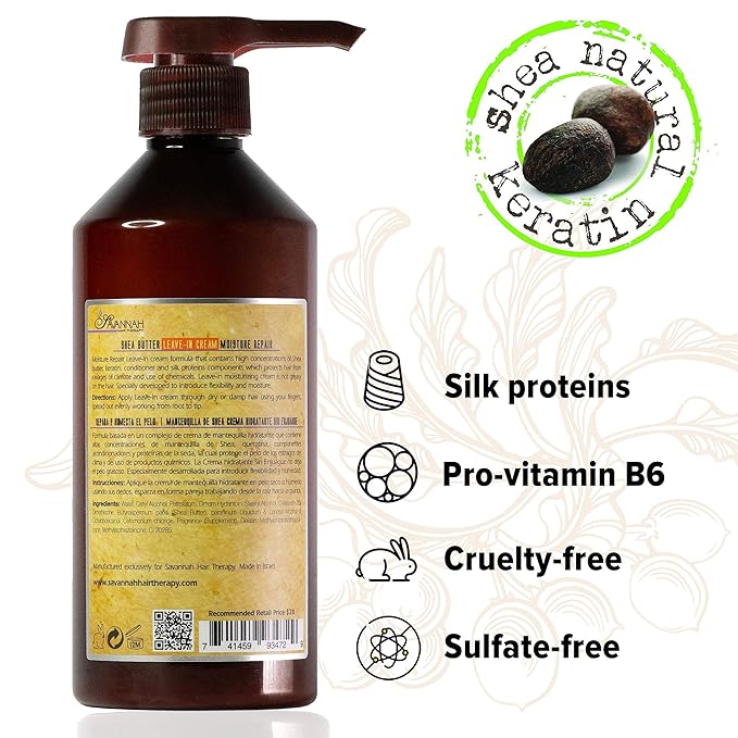 Savannah Hair Therapy Leave-In Cream with Shea Butter, Keratin & Silk Protein – Moisturizing & Anti-Frizz Treatment for Dry, Damaged or Color-Treated Hair – Professional Salon Formula 500 ml (16.9 oz)