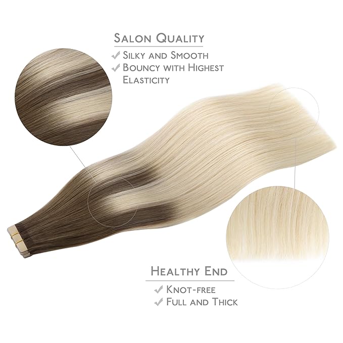 WENNALIFE Tape in Hair Extensions Human Hair, 20pcs 60g 26 inch Ombre Sandy Brown to Platinum Blonde Remy Hair Extensions Straight Human Hair Tape in Extensions Skin Weft Tape Extensions Human Hair