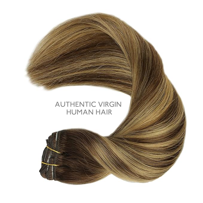 WENNALIFE Clip in Hair Extensions Real Human Hair, 16 Inch 120g 7pcs Balayage Chocolate Brown to Caramel Blonde Hair Extensions Clip in Human Hair Remy Clip in Hair Extensions Real Human Hair