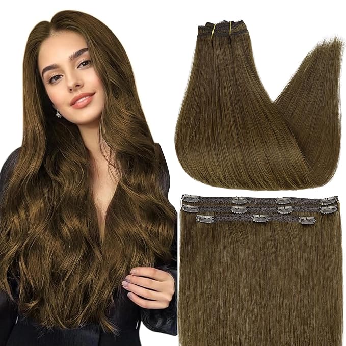 Full Shine Hair Extensions Real Human Hair Clip ins 12 Inch Brown Clip in Human Hair Extension Straight Soft Natural Brown Hair for Women Add Volume 3 PCS 60 G