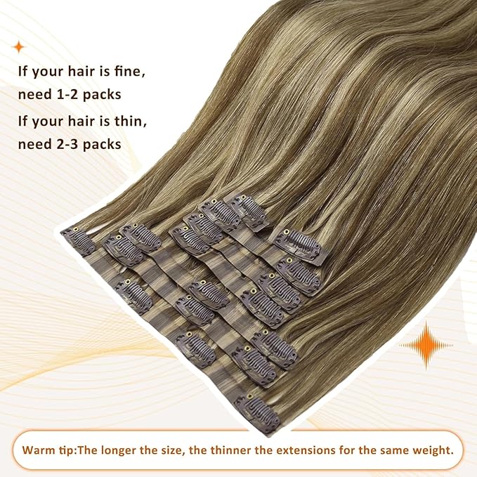 Full Shine Brown Clip in Hair Extensions Human Hair 14 Inch Dark Brown with Caramel Blonde Highlights Straight Hair Extensions for Women 8PCS 120G