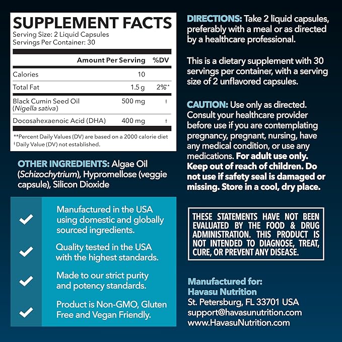Black Seed Oil with DHA Supplement for Brain Health and Cognition - Cold Pressed Black Cumin Seed Oil and DHA Omega 3-60 Liquid Capsules, Unflavored, Vegan, Non-GMO, and Gluten-Free - 1 Month Supply