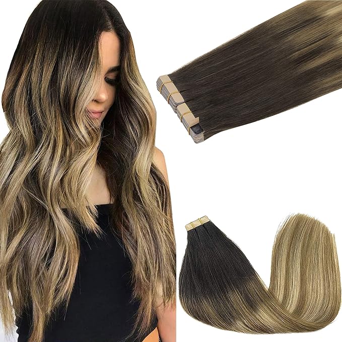 GOO GOO Tape in Hair Extensions Human Hair, 2/6/18 Balayage Brown to Dirty Blonde, 20inch 100g 40pcs, Skin Weft Seamless Invisible, Silky Straight with Thick Ends, Remy Human Hair