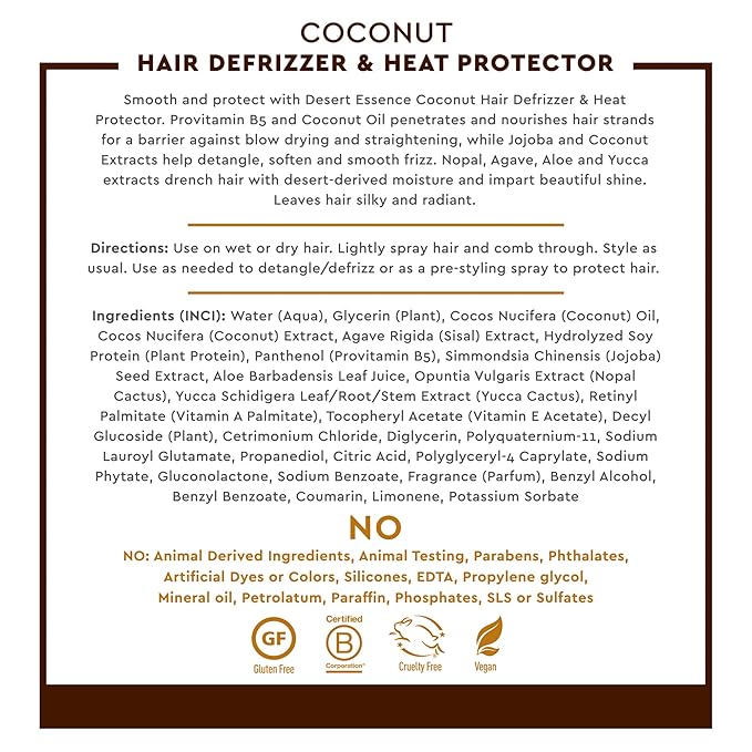 Desert Essence Coconut Hair Defrizzer & Heat Protector 8 fl oz - Gluten Free, Vegan, Cruelty Free - Coconut Oil & Jojoba Seed Extract - Protects Hair from Heat & Styling Damage