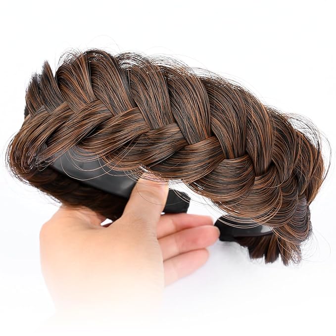 DIGUAN Wide Messy Braided Headband With Teeth Synthetic Hair Plaited Headband High Elasticity Braids Chunky Fishtail Braided Hair Band Hairpiece for Girls Women Beauty Accessory (Auburn)